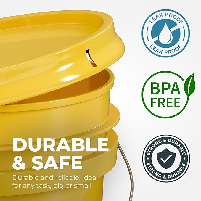 5-Gallon Yellow Bucket Pail Container with Lid | Metal Handles with Plastic Grip for Easy Carrying | Multi-Use | Easy Stack and Store | Heavy-Duty Extra Durable | Food Grade | BPA Free - 1 Pack