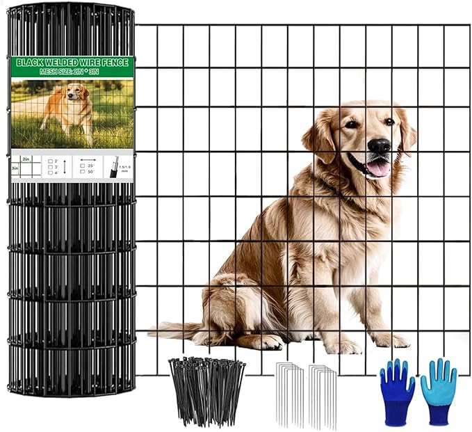 Welded Wire Fence 24inch x 50ft, Black PVC Coated Garden Fencing, 2 inch x 3inch 16Gauge Chicken Wire Fence Roll, Anti-Rust Metal Fencing for Yard Plant Protection Poultry Netting