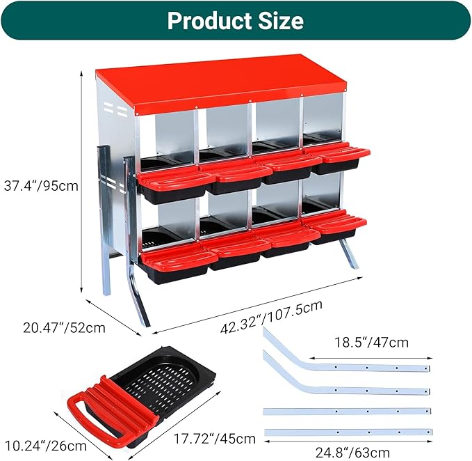 6 Compartments Roll Away Metal Chicken Nesting Box, Egg Tray & Perch, Heavy Duty Galvanized Steel, Easy Clean, Wall Mounted or Freestanding – with Bracket Legs, Red