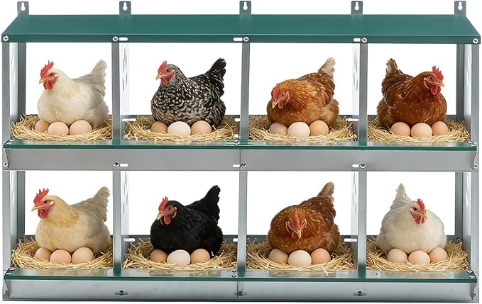 EAGLE PEAK 8-Hole Wall Mounted Chicken Nesting Box, Roll Away Hen Laying Box with Sloped Roof & Easy Clean Tray, Galvanized Steel for Backyard Chicken Coops (Green)