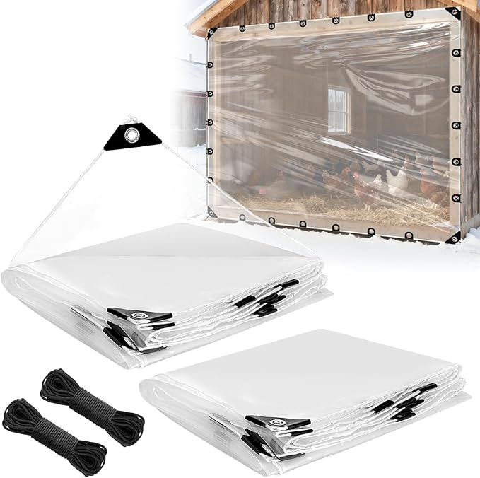 10x12ft Anti-Tear Clear Tarp Waterproof - 2pcs Windproof Poly Tarpaulin, Heavy Duty Transparent Enclosure with Grommets for Covering Chicken Coops Greenhouse Garden Plants