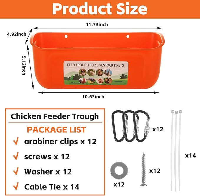 6 Pack Hanging Chicken Feeder Trough, Duck Feeder for Outside with Clips, Water Trough for Duck Goose Goat Pig Deer, Durable Poultry Feeding Water Container, Orange