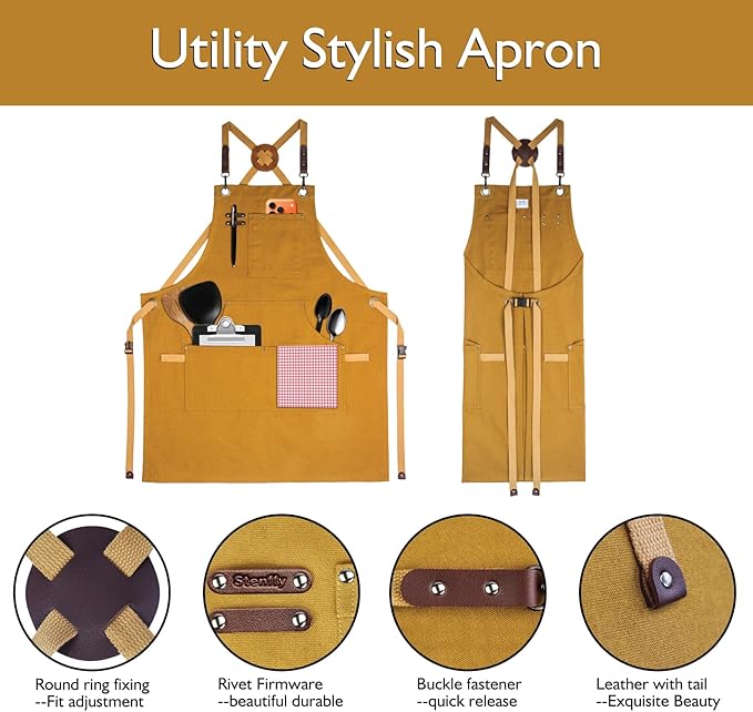 10 Pack Kitchen Aprons, Work Apron, Canvas, Multiple Pockets, Gardening, Painting, BBQ, Artist, Carpenter, Sizes M to XXL, Khaki