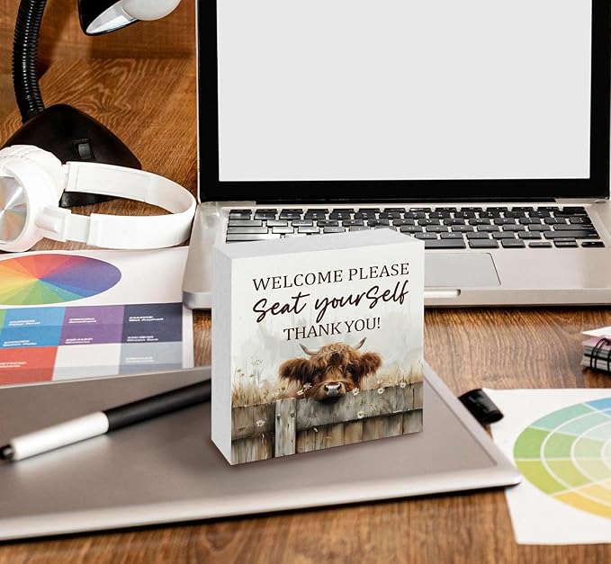 Highland Cow Bathroom Decor Sign - Farmhouse Western Animal Bathroom Decor,Rustic Farm Animal Welcome Please Seat Yourself Thank You Signs,Highland Cow Gifts for Women Signs & Plaques