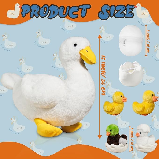 7 in 1 Duck Stuffed Animal Plush Duck Toys for Kids Toddler, 12" Mommy White Stuffed Duck Plush Toy with 4 Baby Ducks Ducklings Eggs Duck Plushie Pillow for Birthday Easter Stuffers Gifts Farm Party