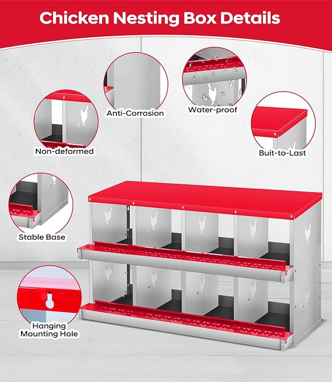 Chicken Nesting Box, 6/8/10 Compartment Metal Nesting Box,Wall Mount Chicken Nesting Boxes for Laying Eggs,Easy Egg Collection,6 Room Nest Boxes for Chickens