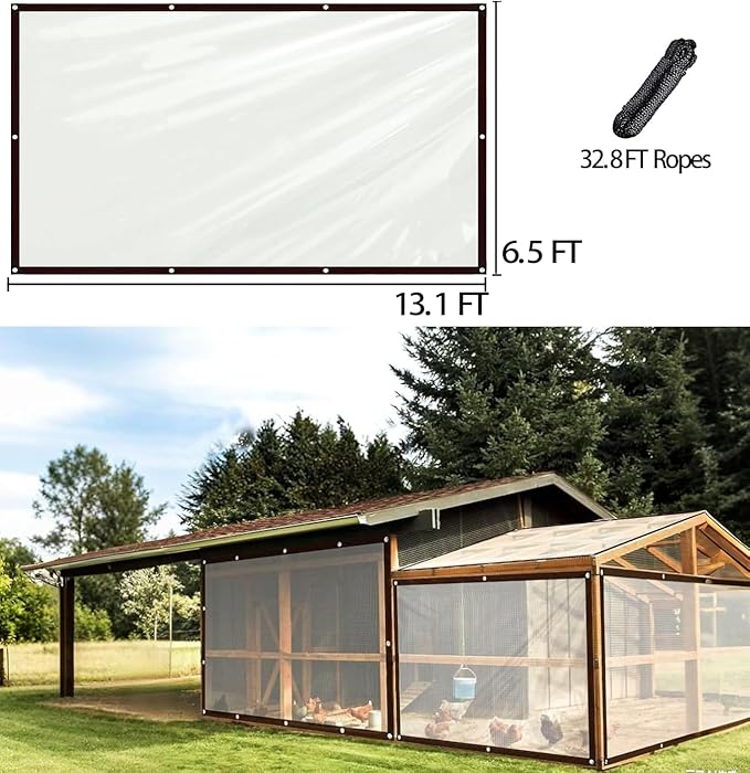 6.5 x 13.1 FT Chicken Coop Cover for Winter, Waterproof & Anti-Tear Chicken Coop Insulation with Rope, Chicken Run Sidewalls, Windproof Clear Chicken Coop Tarp for Chicken Run