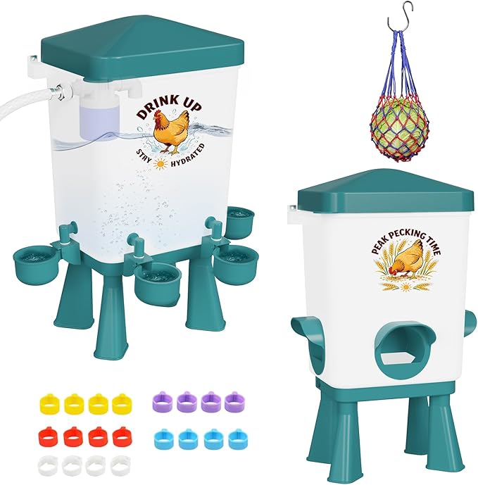 3 Gallon Chicken Feeder and Waterer Set, Large Chick Water with Automatic Float Valve, No Waste Poultry Feeding and Watering System, 4 Cups & 3 Ports, Chicken Coop Accessories for Pigeons/Quail (Blue)