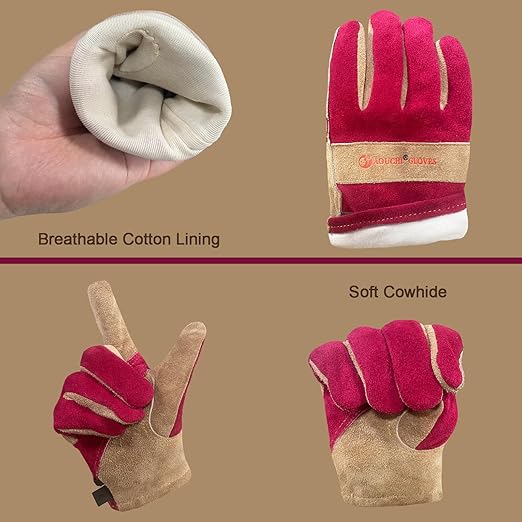 Women's Cotton Lined Leather Work Gardening Gloves, Rose Trimming, TIG/MIG Welding, Construction, Farm, Ranch Flexible Cowhide Gloves, Comfortable, Durable (Large)