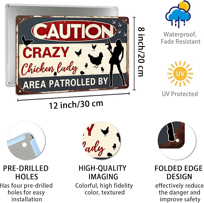 Caution Area Patrolled By Chicken Lady Metal Tin Sign Funny Farm Yard Fence Chicken Coop Caution Sign Outdoor Decor Lovers Gag Gifts 8x12 Inch