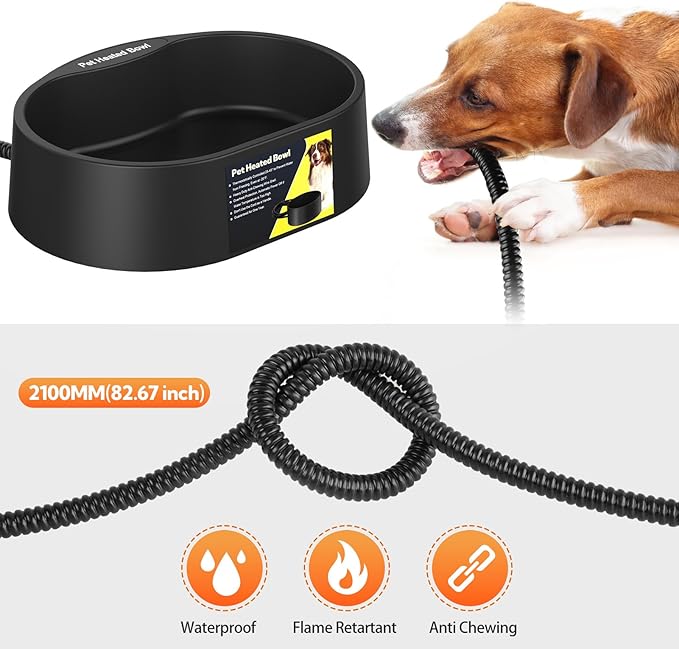 Heated Water Bowl for Dogs and Cats,Large Heated Dog Bowl with Chew Resistant Power, Waterproof Heated Pet Bowls for Outside in Winter,Provide Warmable Water for Dogs, Cats,Birds, (Black