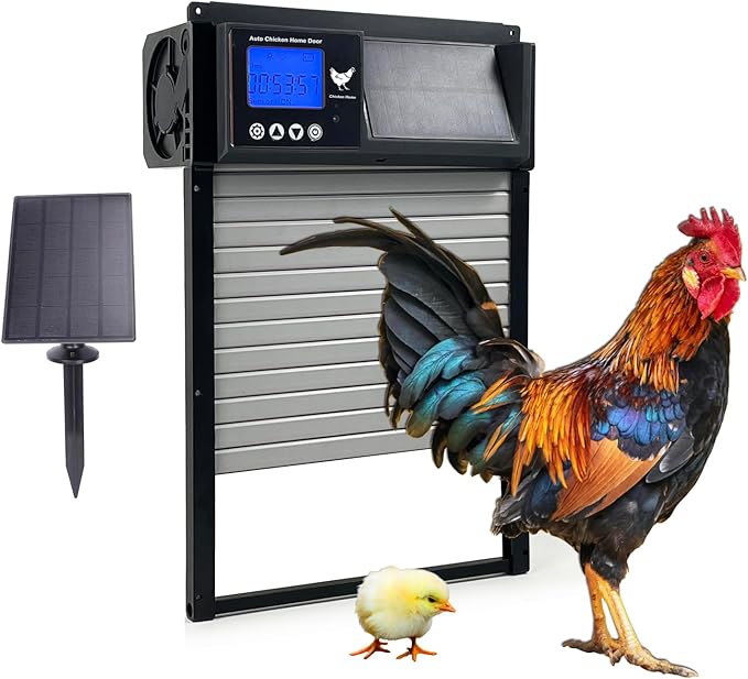 SolarGuard Automatic Chicken Coop Door – Aluminum Alloy Solar-Powered Door with LCD Display, Weatherproof Design, Anti-Pinch Safety, 4 Operation Modes, and Battery Backup for Hens, Ducks, Poultry