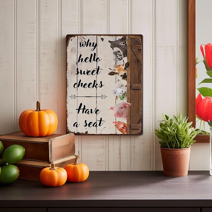 Rustic Farm Animals Metal Sign Vintage Style Why Hello Sweet Cheeks Have a Seat Wall Decor for Farmhouse Gift 12x8 Inches