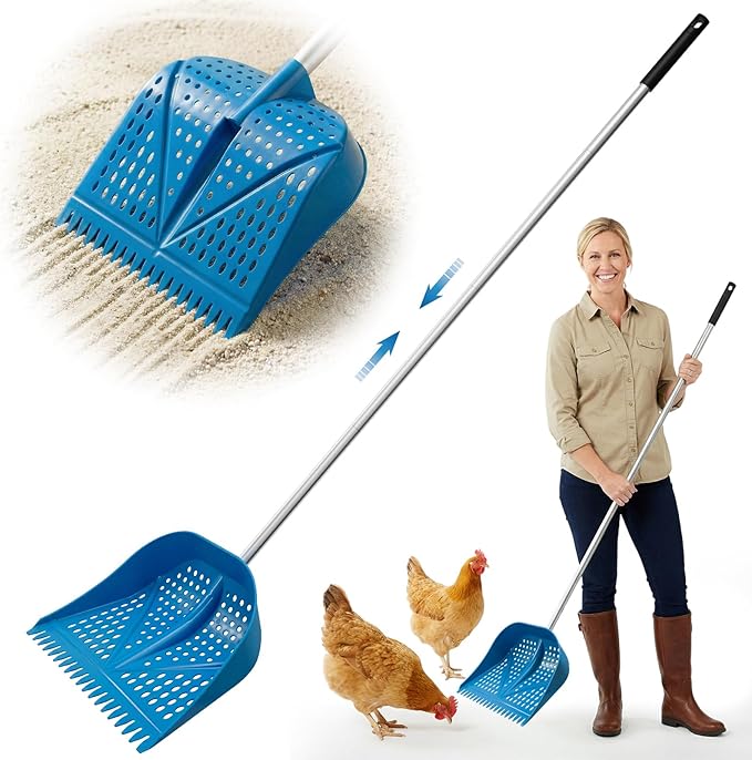 Chicken Poop Scooper & Rake 2-in-1, Adjustable Handle Length from 38" to 66", Features Manure Sifting Capability – Ideal for Chicken Coops and Farm Animal Cleaning (Blue)