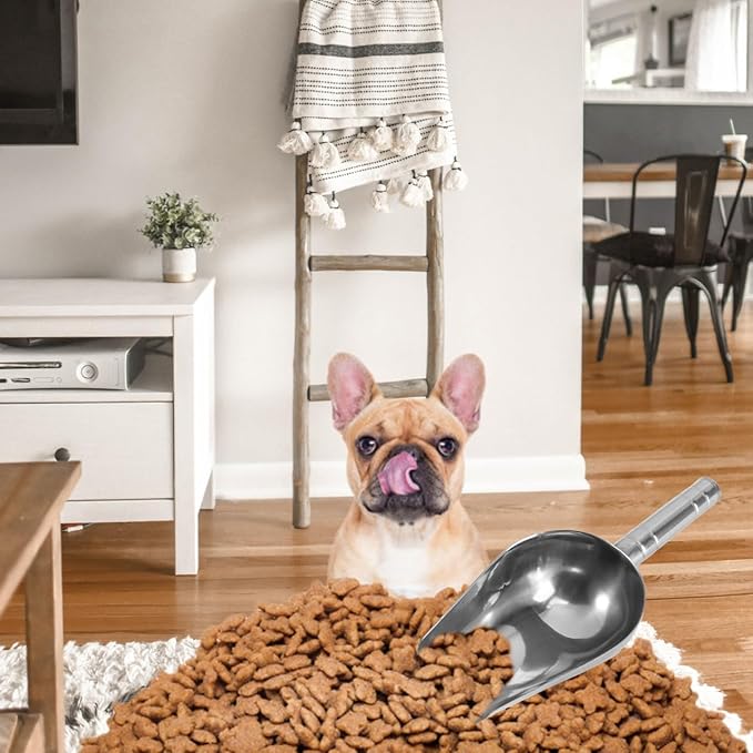 POPETPOP Multifunctional Pet Food Scoop 2 Cup Stainless Steel Shovel for Dry Food Measuring and Serving 9.05X3.34X3.54In Easy to Clean Durable Metal Scoop for Dog Cat Bird Supplies