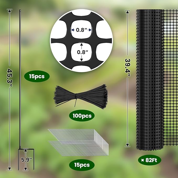 DoCred Plastic Fence with Stakes, 39.4in x 82ft Portable Poultry Fencing Net Mesh for Chickens & Dog, Temporary Gardening Fence Pet Barrier for Backyards, Vegetable Gardens, Lawn & Outdoor Decoration