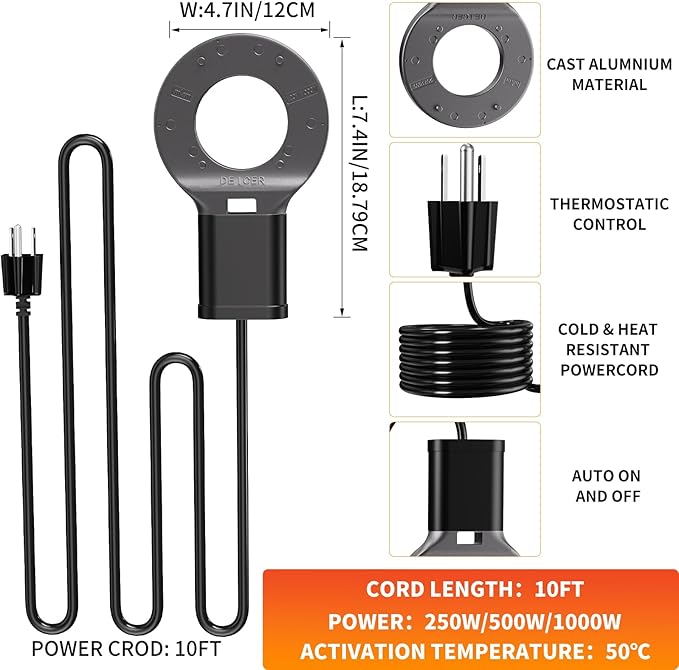 1000W Utility De-Icer Submergible Cast Aluminum Chicken Water Heater for Livestock Tank Heater Bird Bath Heater in Winter