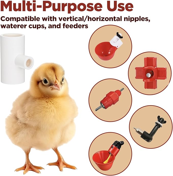 50 Pack PVC Tee Fittings for Chicken Waterer - Threaded Connectors for Poultry Nipples, Automatic Chicken Water Drinker Cups and Feeder Systems, Durable & Leak-Proof (White)