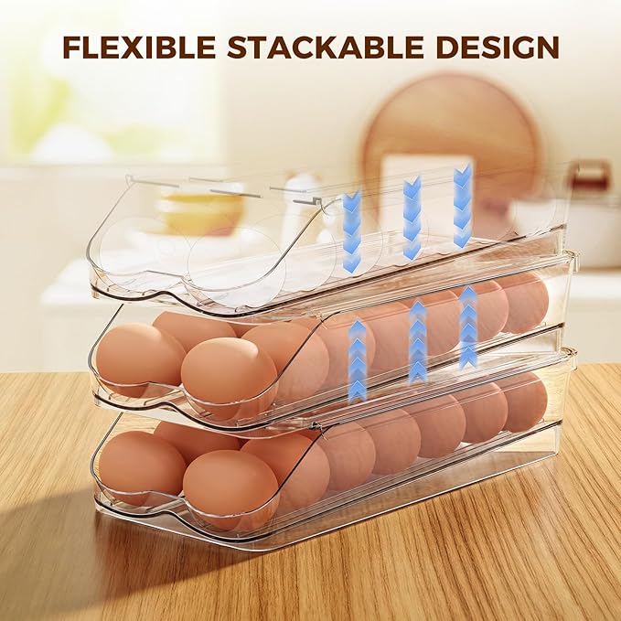 Egg Holder for Fridge,Automatic Rolling Egg Container for Refrigerator,Clear Stackable Egg Organizer with Removable Lid for Fridge Organizers and Storage,2 pack