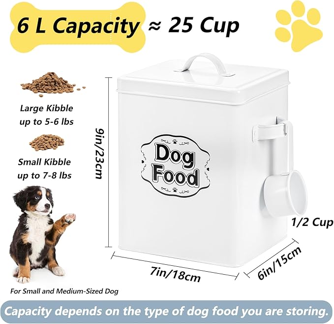 Youeon 5-7 Lbs(25 Cup) Metal Dog Food Storage Container with Lid and Scoop, Airtight Dog Treat Container, Farmhouse Pet Food Storage Container, Cute Dog Food Canister, Gift for Dogs and Owners, White