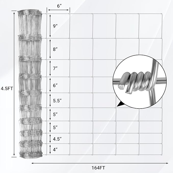 Farm Fence 4.5FT x 164FT, Galvanized Cattle Fence, Heavy Zinc Coating Wire Fencing, 14GA Livestock Fence, Goat Fence, Hog Wire Fencing Perfect for Pest Control, Livestock & Animals Protection