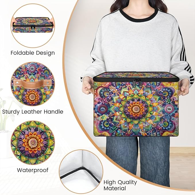 Vintage Boho Patern Storage Bins with Zipper Lid Fabric Storage Containers for Clothes Collapsible Closet Storage Basket with Metal Frame 2 Pack