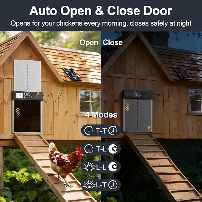 Larger Size Automatic Chicken Coop Door Solar Powered, 4000MAh Internal Battery Automatic Coop Door Anti-hit Side Charging Port, Automatic Chicken Door with Timer, Light Sensor 4Modes & Remote Control