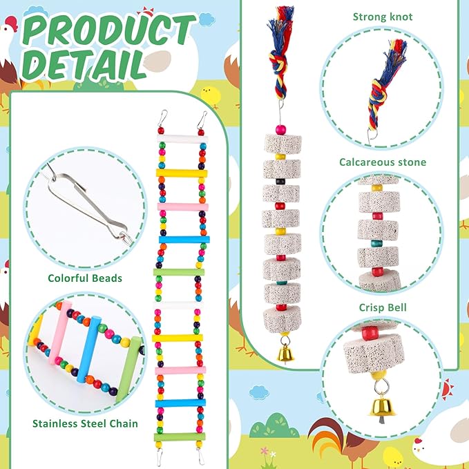 Ripeng 7 Pcs Chicken Toys for Coop Set Chicken Enrichment Toys Including Xylophone Mirror Large Chick Beak Grinding Calcium Stone Ladder with Bell Accessories for Coop Hens Parrots