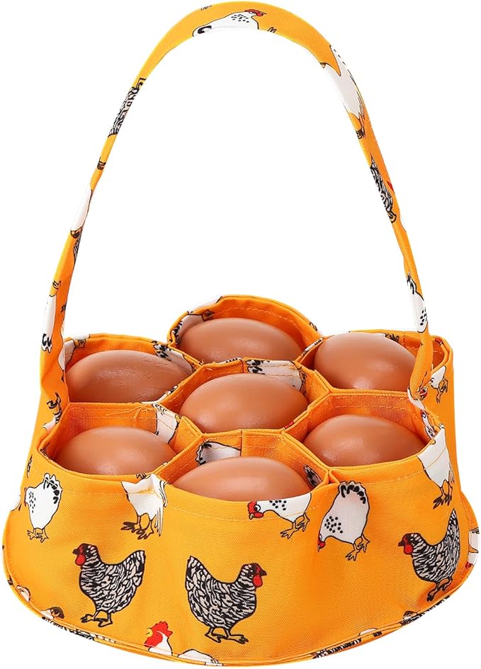 Egg Collecting Basket, Canvas Egg Basket for Gathering with 7 Pouches for Chicken, Duck, Goose, Bird, Various Poultry Collection (Yellow chicken)