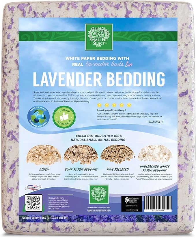 Small Pet Select Lavender Bedding, Paper Bedding with Real Lavender, Soft Animal Bedding with Odor Control for Guinea Pig, Rabbit, Hamster, or Bunny, Cage Accessories, Made in USA, 56L