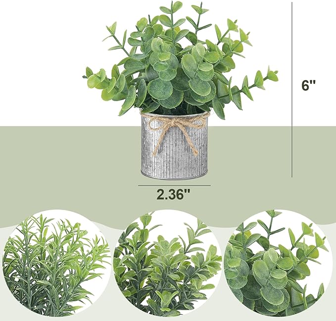 Mkono Mini Fake Plants in Farmhouse Galvanized Metal Pots 3 Pack Small Potted Artificial Plant Eucalyptus for Laundry Room Bathroom Shelf Table Decor