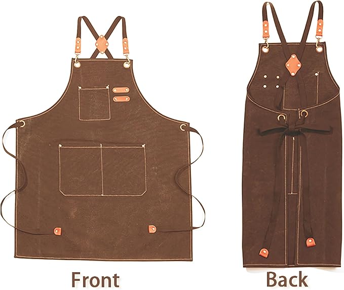 Multi-Pocket Waterproof Oil-Proof Canvas Cotton Apron Cross-Back Adjustable Straps For Chefs Barbers Carpenters