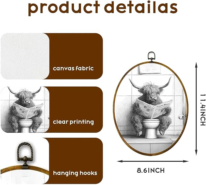 zewepri Highland Coo Print, Wall Decor, Bathroom Art – 8.6×11.4 Inches High-Density Canvas with Pre-Installed Hook for Easy Hanging, Ideal for Bedroom, Living Room, Study, or Gift for Art Lovers