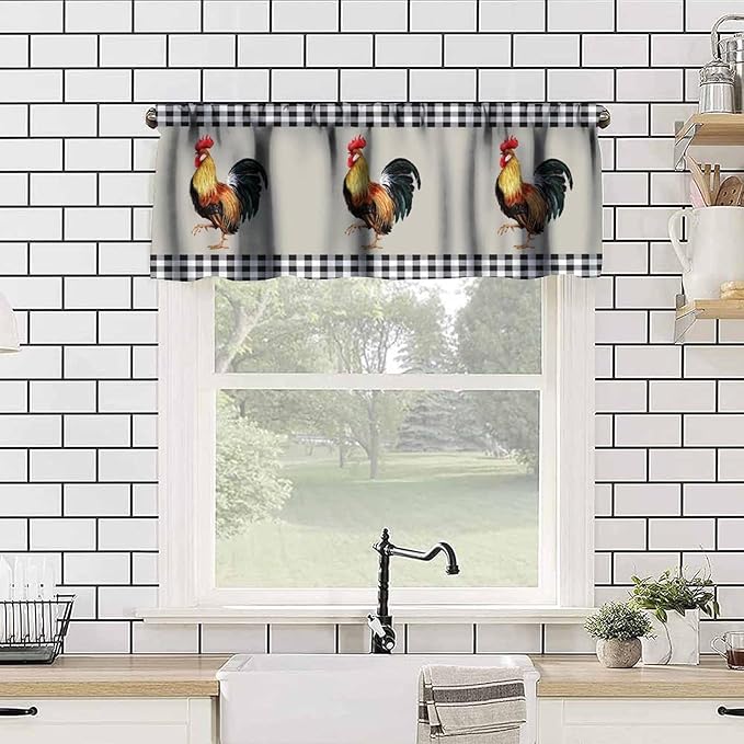 Rooster Kitchen Curtains Watercolor Vintage Rustic Farm Chicken Black White Buffalo Plaid Rod Pocket Curtain Valance for Kitchen Bedroom Living Room Decor 1 Panel W54xL18 Inch