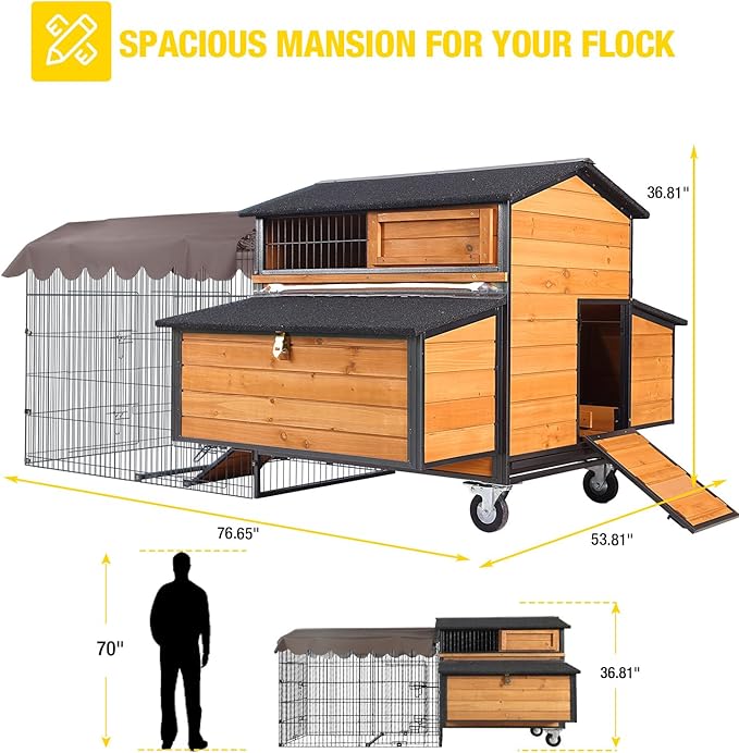 Large Mobile Chicken Coop with Run, Wheels & Leakproof Pull-Out Tray – Weatherproof Hen House with Nesting Box for Chickens, Ducks, Rabbits