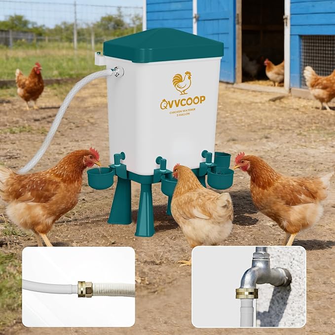 Automatic Chicken Waterer with Float Valve, Float Control Poultry Waterer with Hose for Duck Turkey, Chicken Coop Accessories, Standing/Hang Use, 3 Gallon(Upgraded), Blue