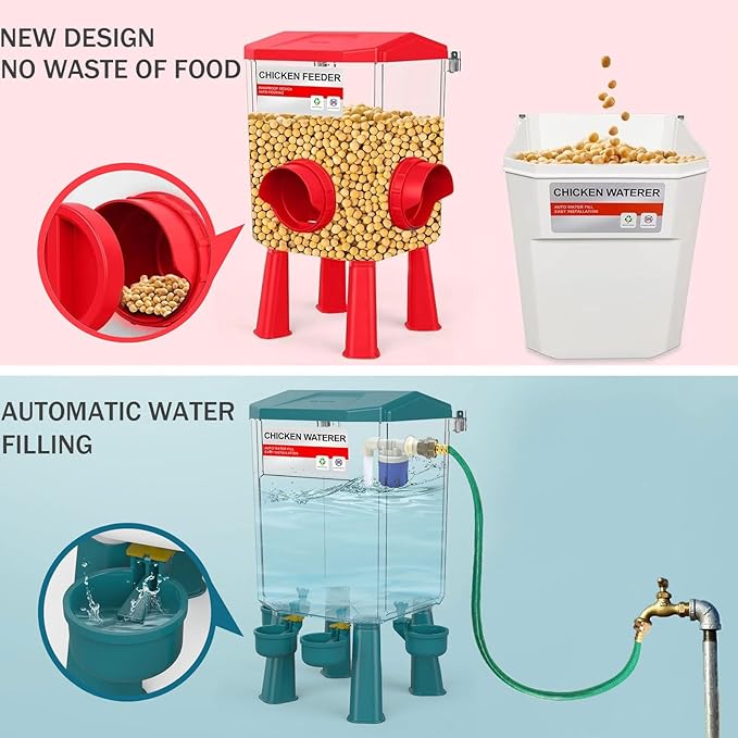 Float-Controlled Automatic Chicken Waterer & No Waste Feeder Kits - Chicken Coop Accessories, Poultry Waterer and Feeder, Two Buckets 3 Gallon/18-23 Pounds