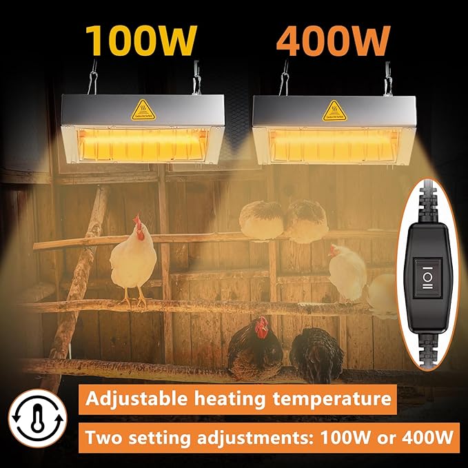 Chicken Coop Heater for Winter, Heat Lamp for Chickens 400W, Chicken Heater for Coop with 2 Heating Settings, for Poultry, Dogs, Pets, Birds, Animals
