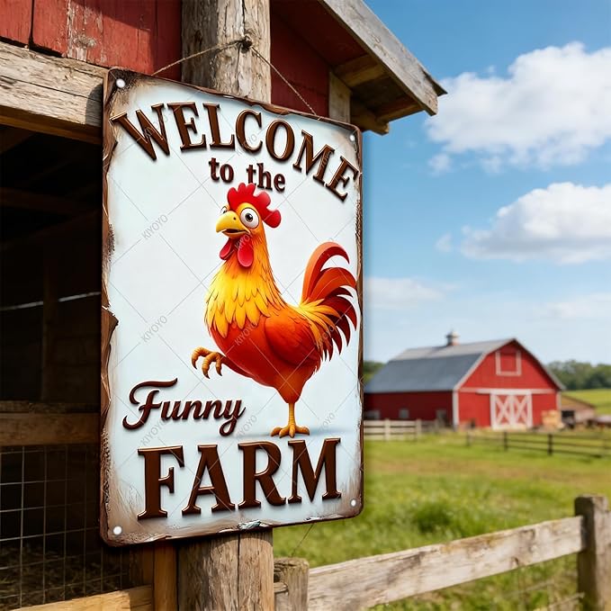 Funny Rooster Decor Sign Welcome To The Funny Farm Rustic Tin Sign for Home Farm Chicken Coop Decor 12x8 Inch