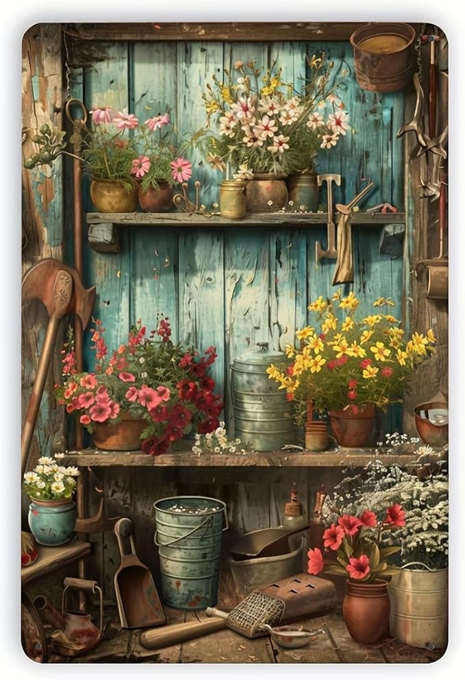 Vintage Garden Metal Tin Sign, Iron Foil Engraving Art with Floral & Gardening Tool Motif,Garage & Home Garden Wall Decor, Rustic Nature-Themed Decoration - 8x12 Inches (1-Pack)