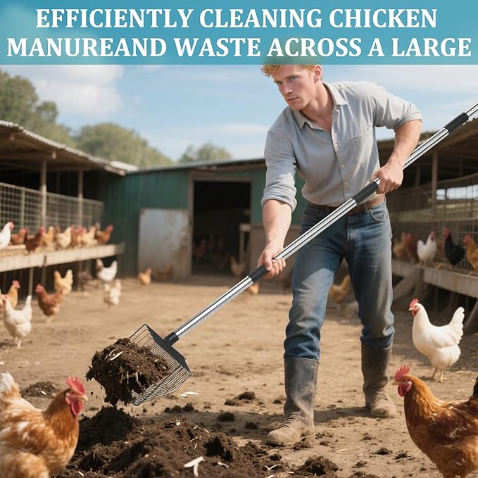 10-inch Heavy-Duty Metal Chicken Dung Scoop, 32 to 76" Long Chicken Coop Mucking Shovel with Stainless Steel Handle, 5-in-1 All-in-One Multifunctional Litter Sifting Tool for Chicken Coop Essentials