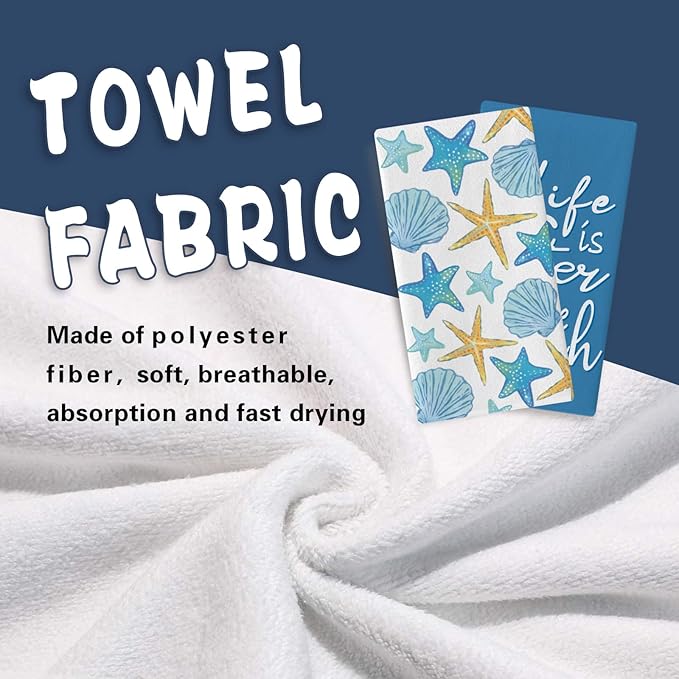 Life is Better at The Beach Kitchen Dish Towels Set of 2, Summer Blue Coastal Starfish Shell Drying Hand Towel Baking Cooking Cloth, Nautical Palm Tree Bathroom Home Decoration 18'' x 26''