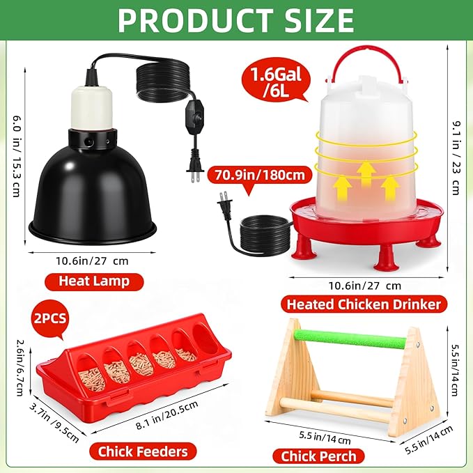 5 Pack Chick Brooder Starter Kit, 0.8 Gallon Heated Chicken Waterer F, 75w Adjustable Heat Lamp, Chick Perch and Flip Top Poultry Feeder for Winter Cold Weather Baby Chicken, Duck and Quail