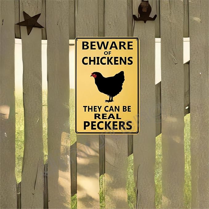 Beware of Chickens Tin Sign Funny Chicken Coop Warning Sign Outdoor Chicken House Decor Gifts For Chicken Lovers 8x12 Inch