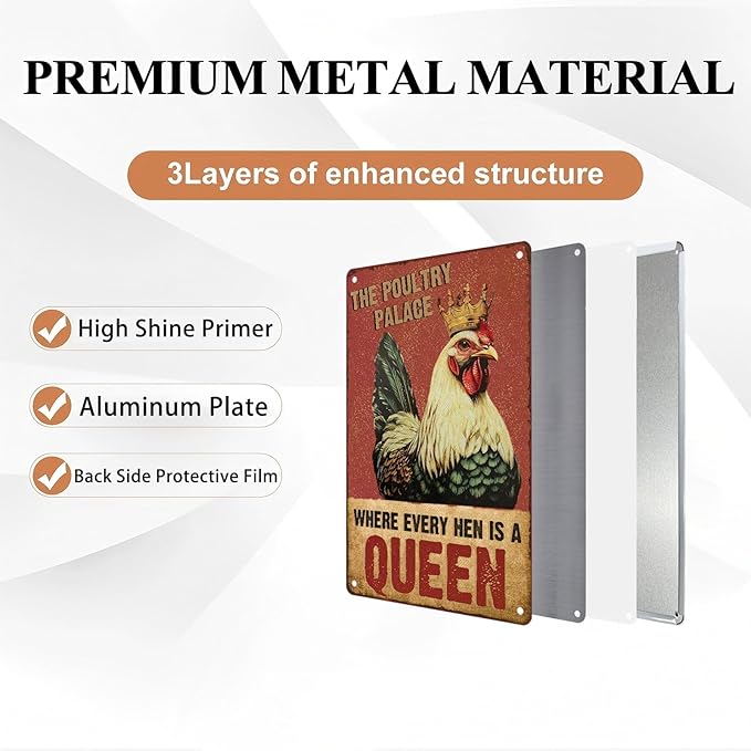 Funny Chicken Metal Tin Sign Where Every Hen Is A Queen Vintage Sign for Wall Art Decor for Home Farm Chicken Coop Farmhouse Kitchen Garden Decor 8X12Inch