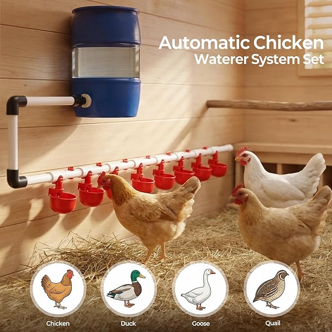 51 Pcs Automatic Chicken Waterer System Set, Chicken Watering System Kit with 8 Chicken Water Cups, Float Valve, Water System for Chickens Ducks Quail Poultry