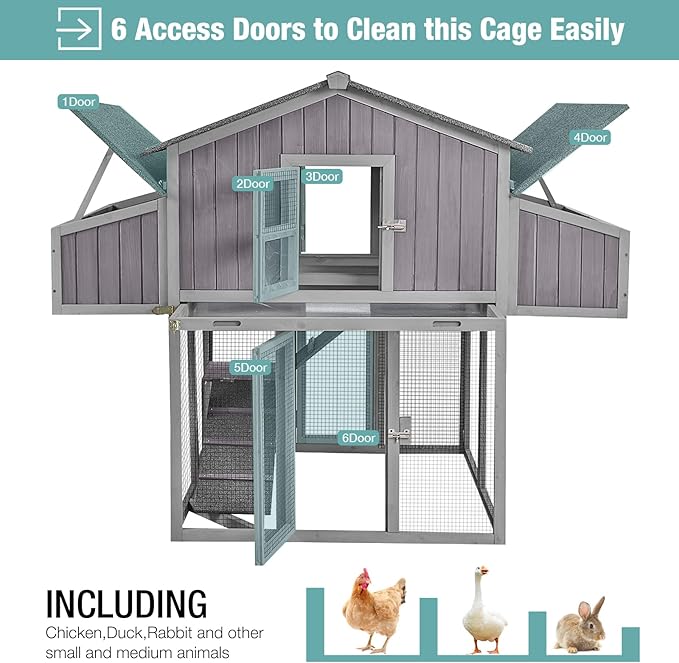 Chicken Coop Outdoor Super Easy to Assemble Large Hen House Wooden Poultry Cage with Nesting Box and Run (Grey)