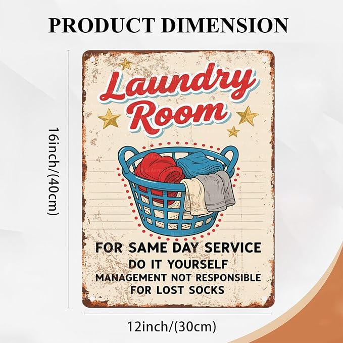 Vintage Laundry Room Metal Tin Sign Retro Styled Wall Art for Bathroom Decor and Utility Room Wall Display 12X16Inch