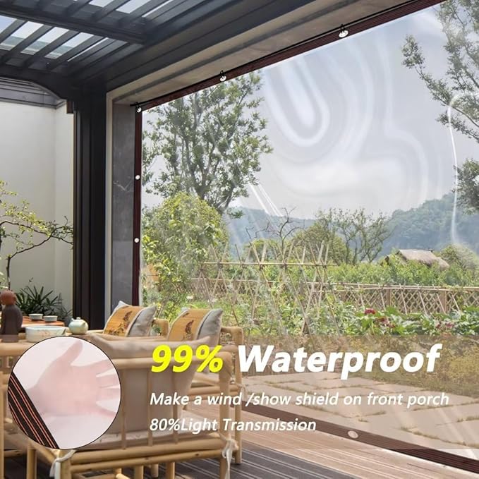 Clear-Tarps-With-Grommets-8X10FT, PE Tarps Transparent Tear Resistant Waterproof Greenhouse Tarp for Balcony Tent Cover Gardening Chicken Coop Canvas Painters Drop Cloth-8x10FT