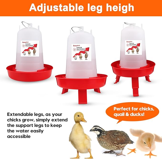 2-in-1 Chick Starter Set: 0.3 Gal Feeder & 0.4 Gal Waterer with Adjustable Legs for Baby Chicks, Hanging Hooks, Anti-Drown Design - BPA-Free Plastic (Red)